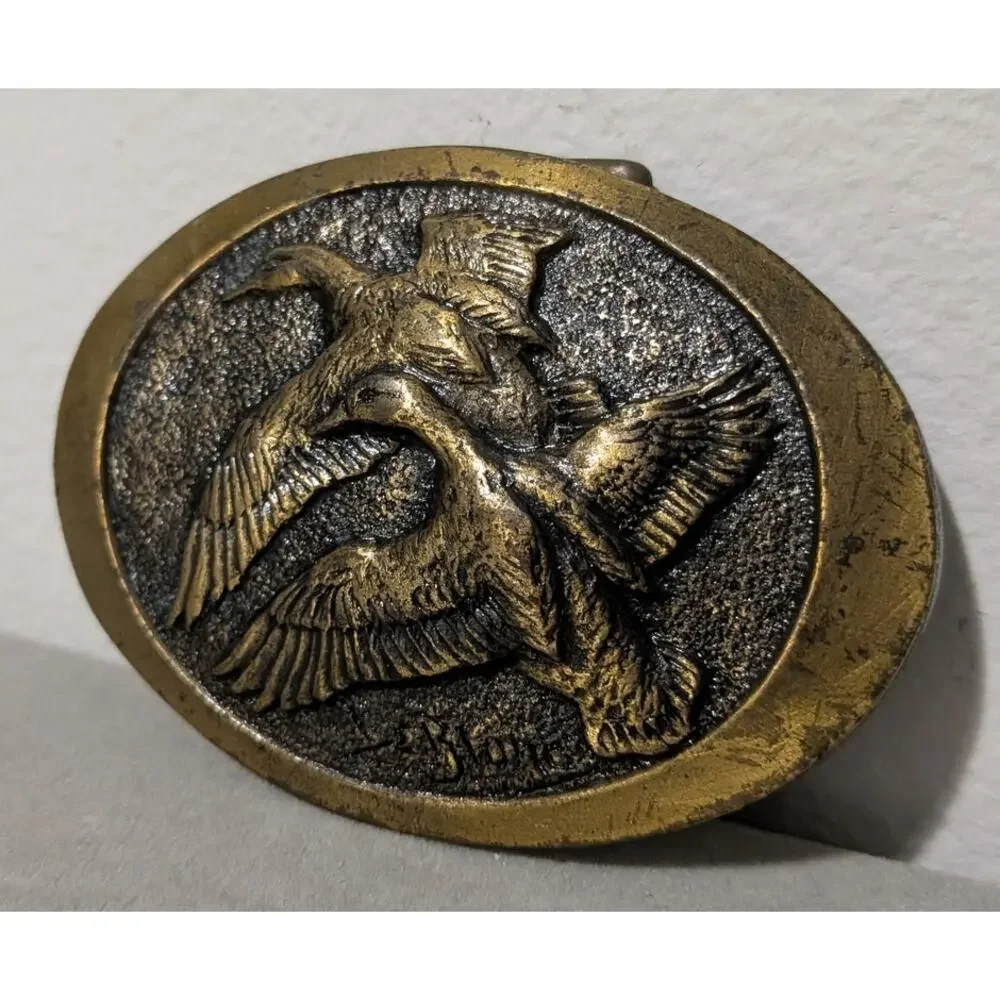 Vintage 1978 David A Bortner Brass Belt Buckle Flying Mallard Ducks Wildlife